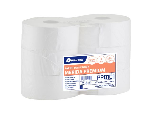 Papier toaletowy MERIDA PREMIUM, biały, średnica 23 cm, długość 200 m, trzywarstwowy, zgrzewka 6 szt.